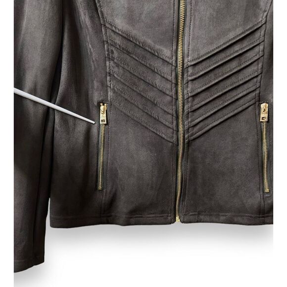 NWOT Andrew Marc Suede Pleated Motorcycle Jacket Size L Coat Marc New York - Picture 2 of 9